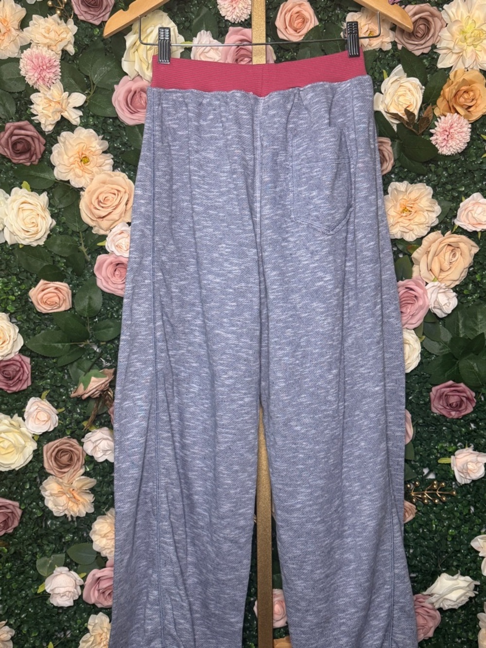 Free People Heathered BlueJoggers with Pink/Brown Striped Waistband & Cuffs - Picture 3 of 4